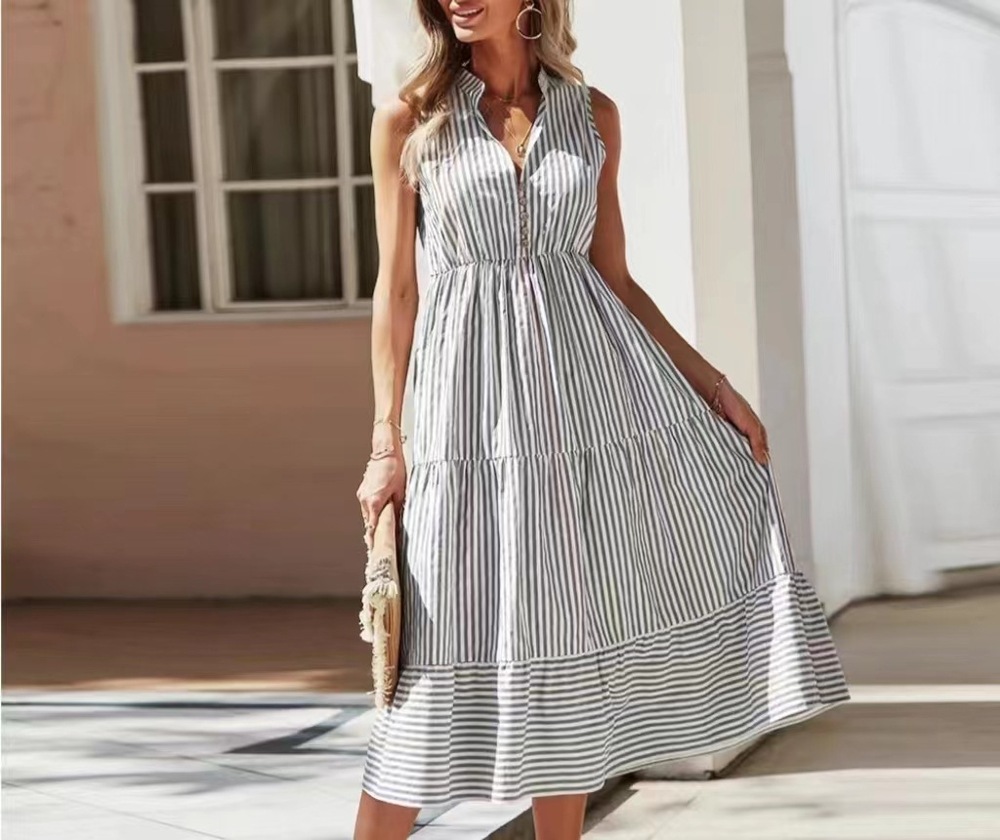 Women's Gray Striped V-Neck Sleeveless Tiered Maxi Dress